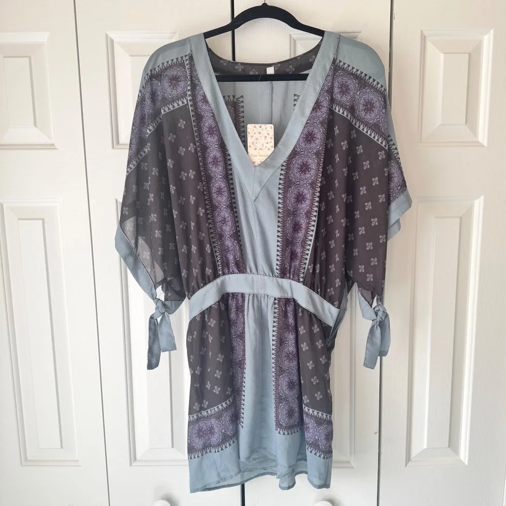 Free People XS Blue Brown Paisley Boho Kimono Sleeve Tunic Mini Dress NWT